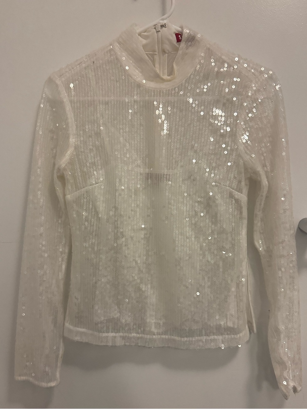 STAUD White Sequin Mesh Long Sleeve Top